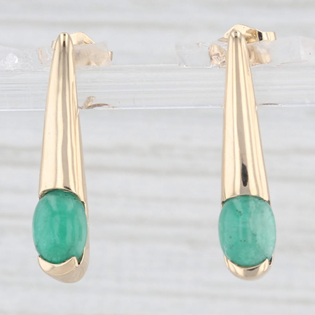 Light Gray Emerald Oval Cabochon Drop Earrings 14k Yellow Gold