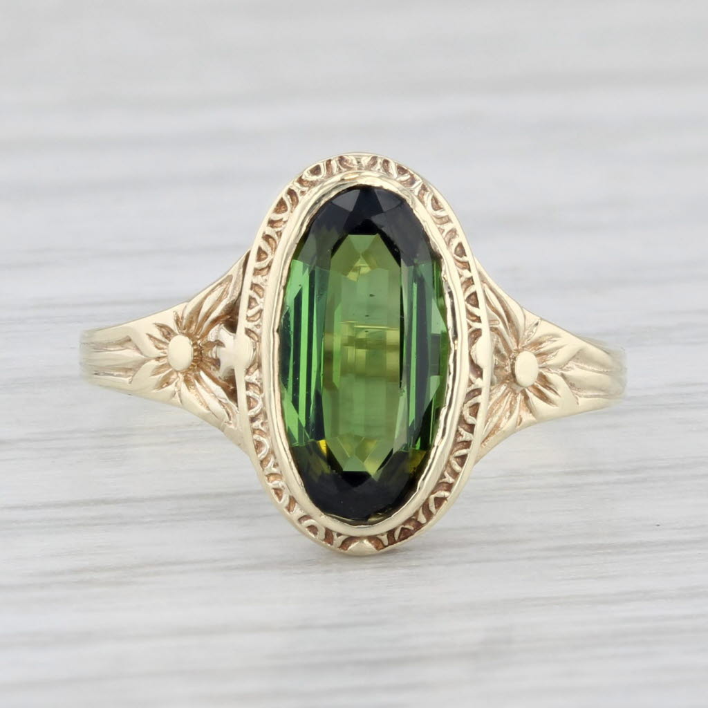 Light Gray Vintage 1.20ct Green Tourmaline Floral Ring 10k Gold Size 4.5 Oval Solitaire