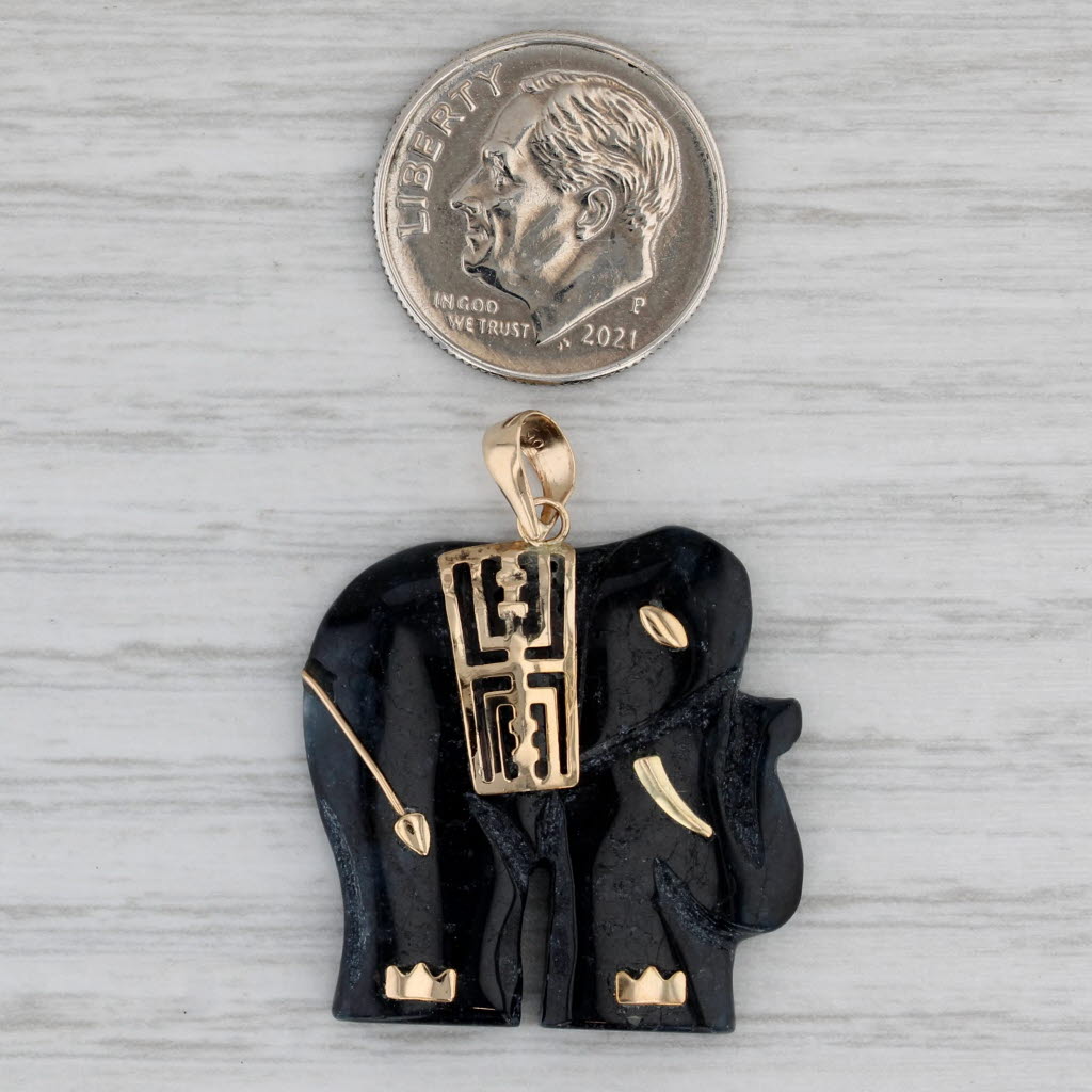 Gray Black Jade Hardstone Elephant Pendant 10k Gold Longevity Chinese Calligraphy