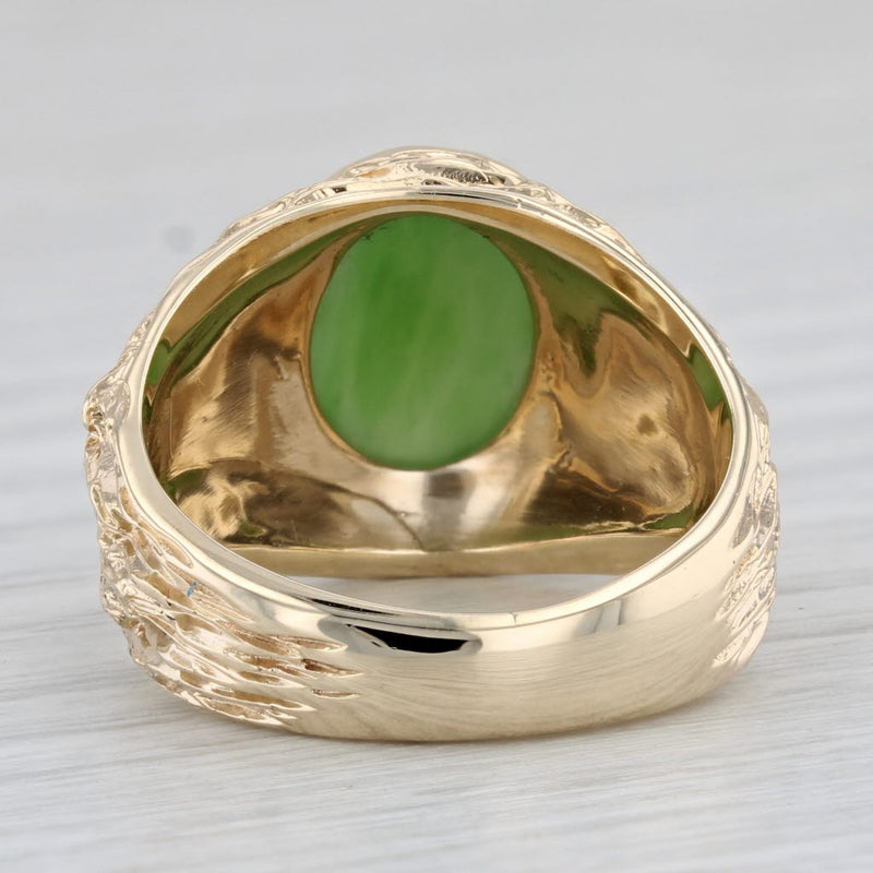 Green Nephrite Jade 10k Yellow Gold Size 8.5 Woodgrain Band Oval Cabochon
