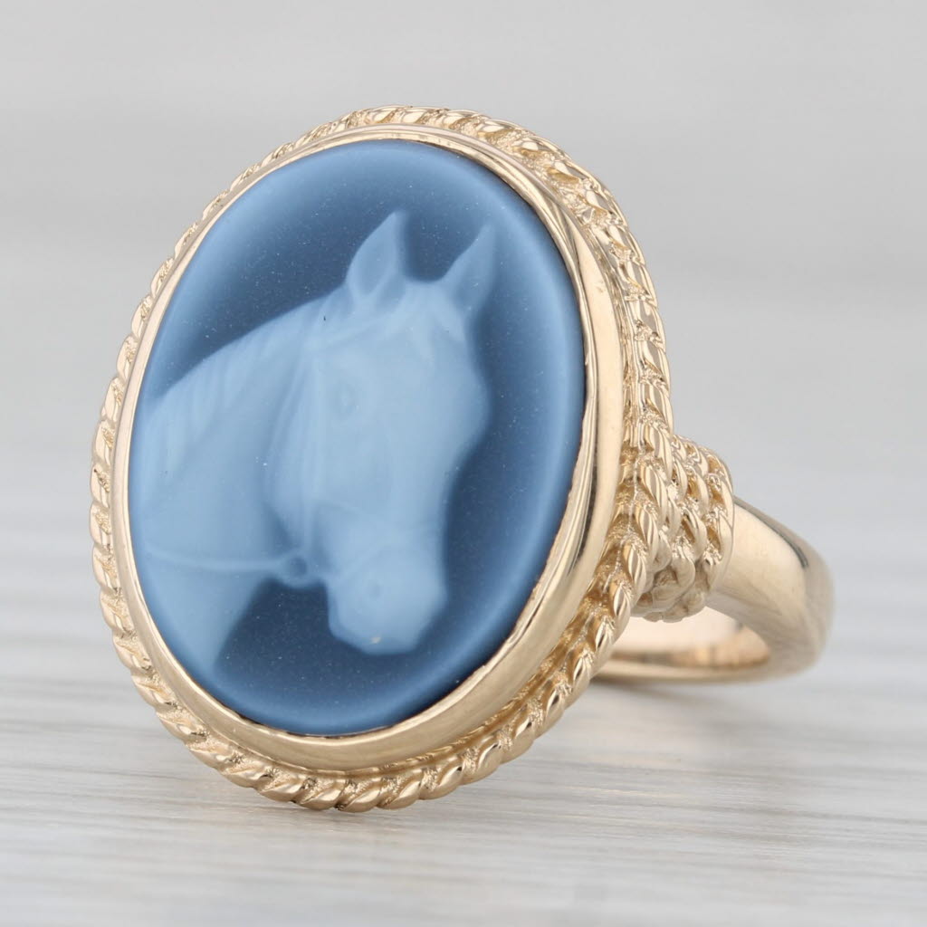 Gray New Church & Co Black White Horse Cameo Ring 14k Gold Size 6 Carved Chalcedony