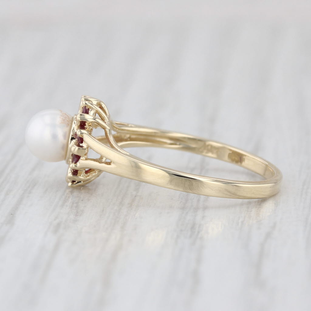 Cultured Pearl 0.24ctw Ruby Halo Ring 10k Yellow Gold Size 7.25