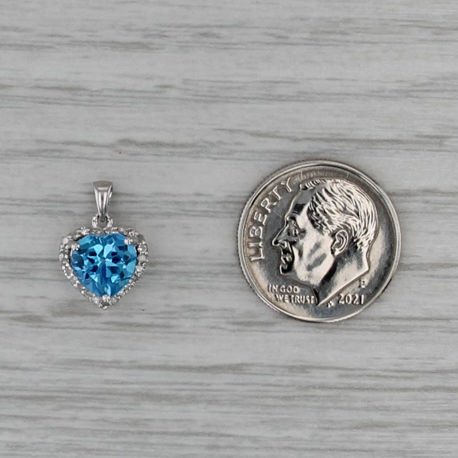 1.57ct Blue Topaz Heart Diamond Halo Pendant 10k White Gold Small Drop