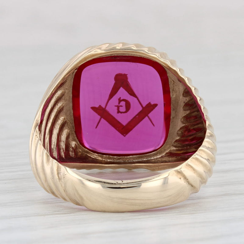 Maroon Lab Created Ruby Masonic Signet Ring 10k Yellow Gold Square Compass Blue Lodge