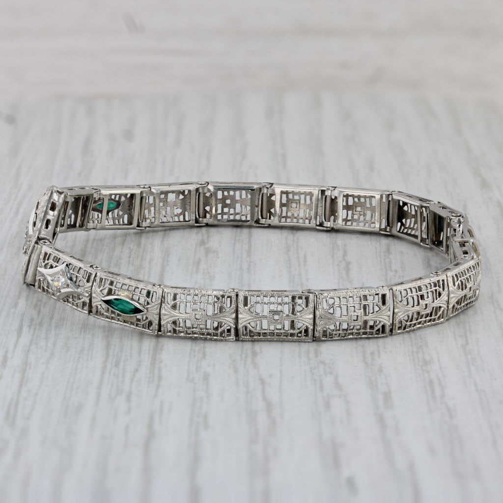 Gray Art Deco Diamond Imitation Emerald Filigree Bracelet 14k White Gold 7"