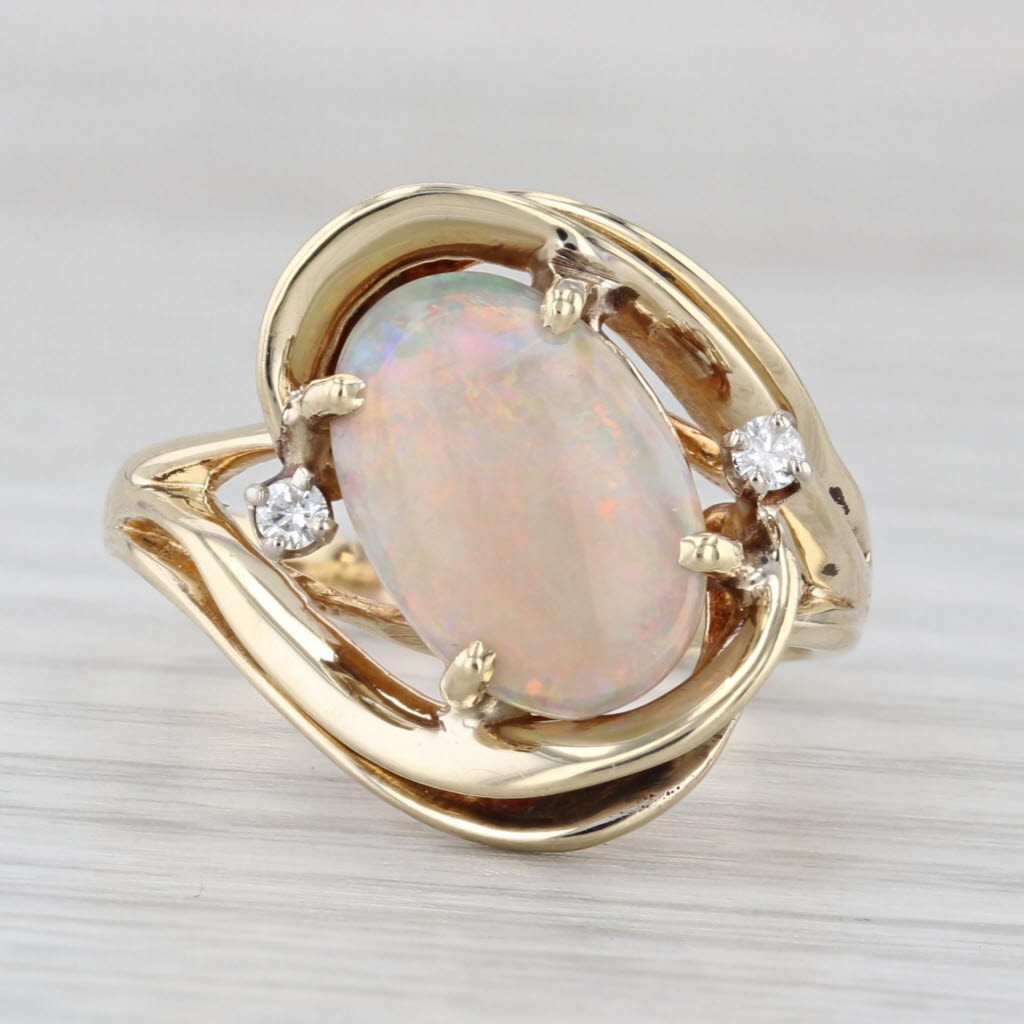 Oval Cabochon Opal Diamond Ring 14k Yellow Gold Bypass Size 8