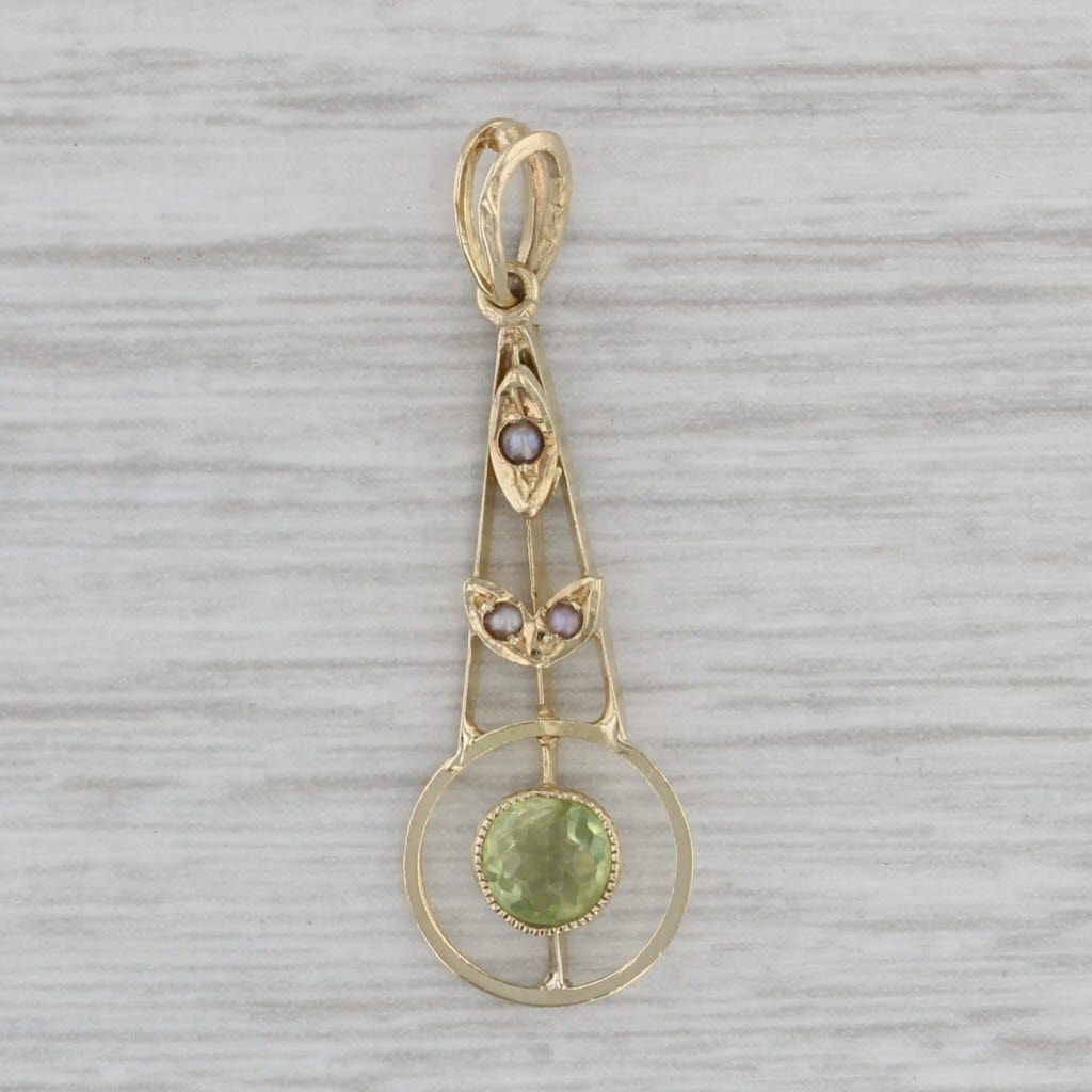 Gray Vintage Lavaliere Pearl Peridot Pendant 14k Yellow Gold