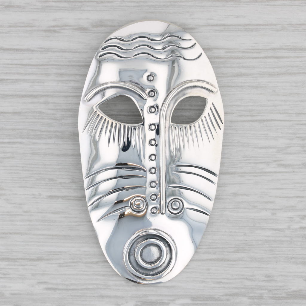 Gray Tribal Mask Statement Brooch Sterling Silver Pin Vintage Woods