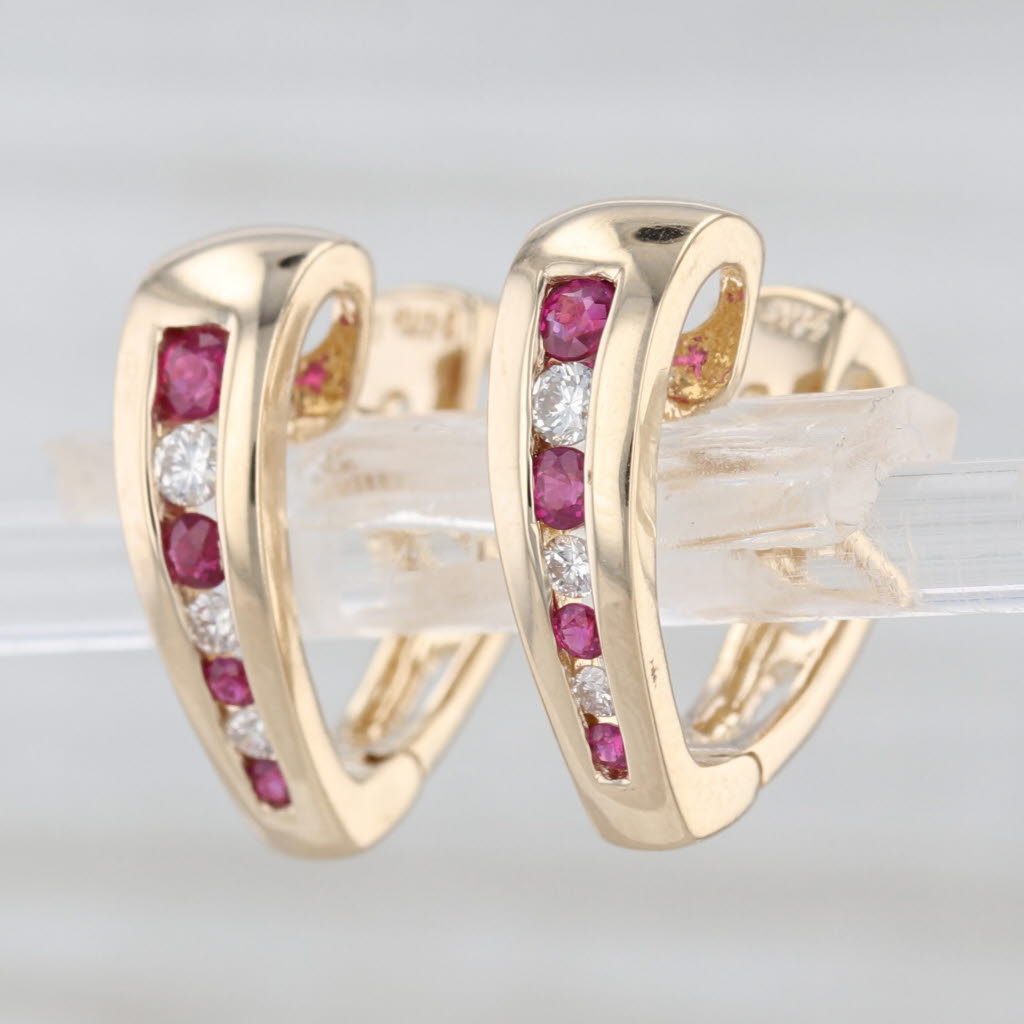 0.46ctw Ruby Diamond Heart Hoop Earrings 14k Yellow Gold Snap Top Hoops