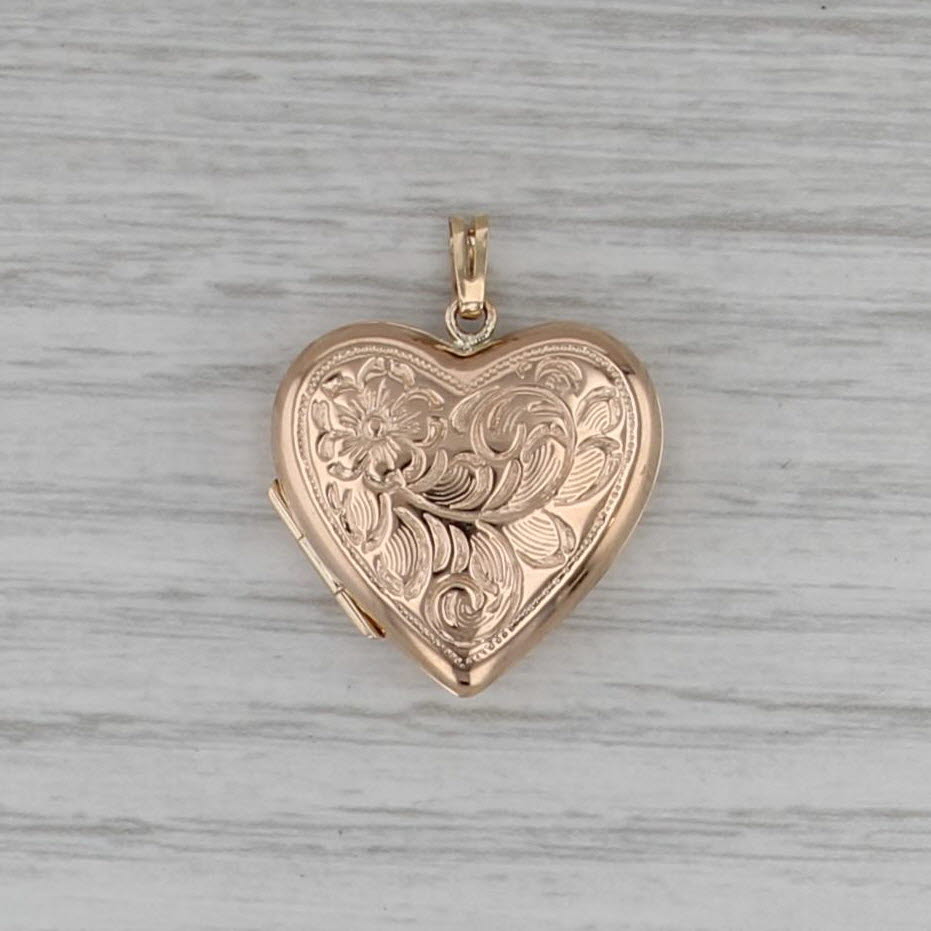 Vintage Floral Heart Locket Pendant 10k Rose Gold Charm Engravable Opens