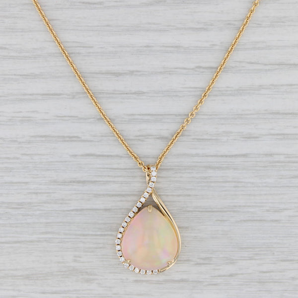 Light Gray Opal 0.25ctw Diamond Teardrop Pendant Necklace 14k Gold 17.75" Cable Chain
