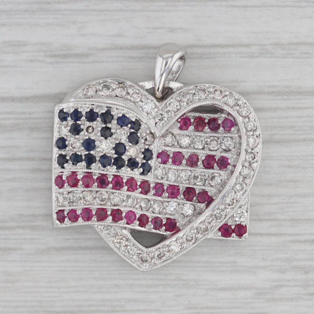 Gray 1.70ctw Diamond Ruby Sapphire American Flag Open Heart Pendant 14k White Gold