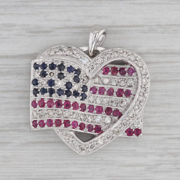 1.70ctw Diamond Ruby Sapphire American Flag Open Heart Pendant 14k White Gold