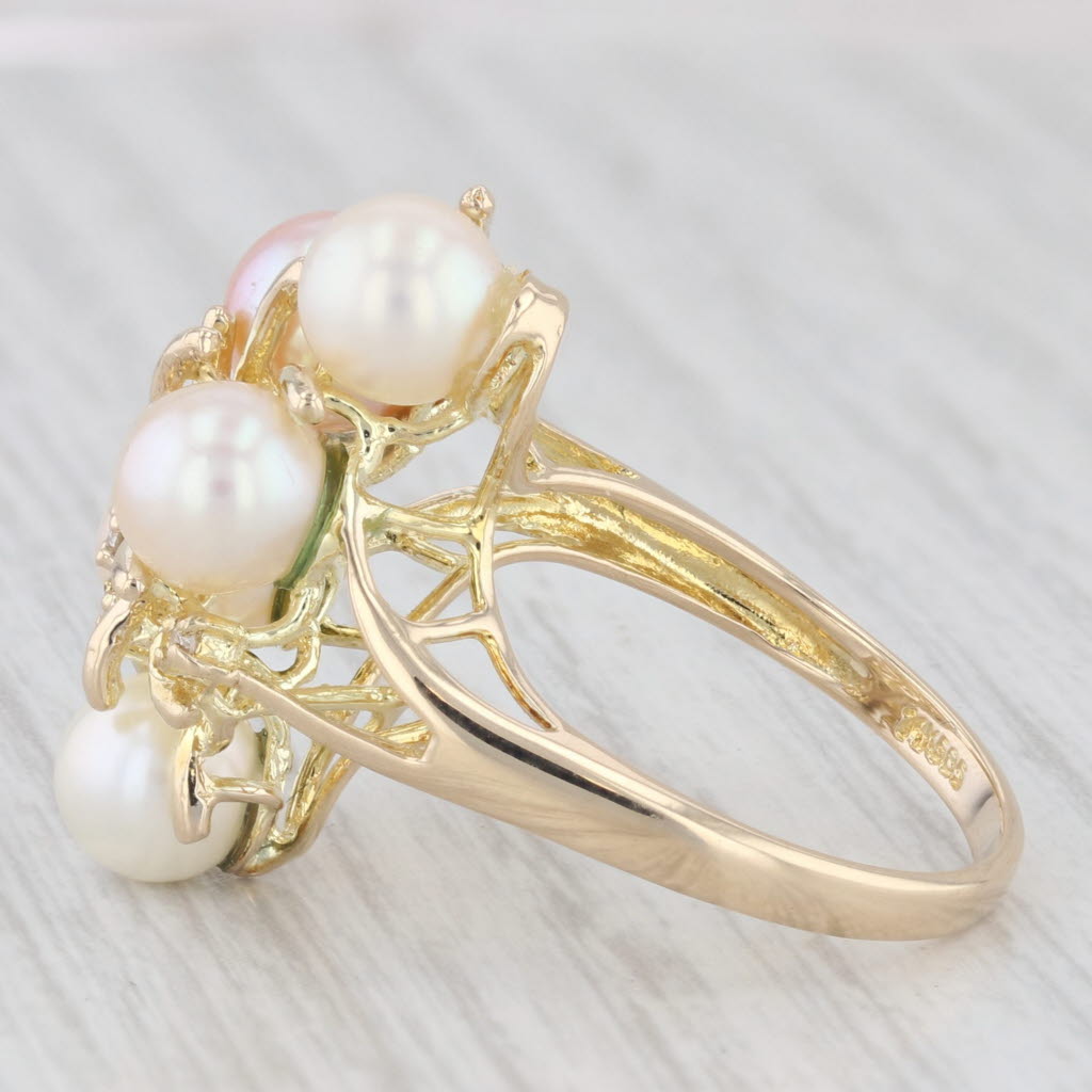 Light Gray Pink White Cultured Pearl Cluster Diamond Ring 14k Yellow Gold Size 7.5