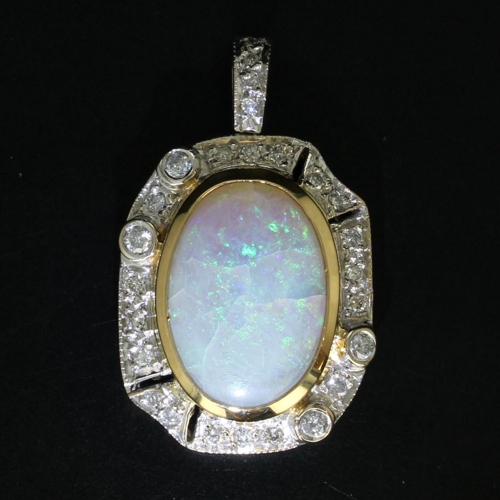 Gray Oval Cabochon Opal 0.20ctw Diamond Halo Pendant 18k Yellow White Gold