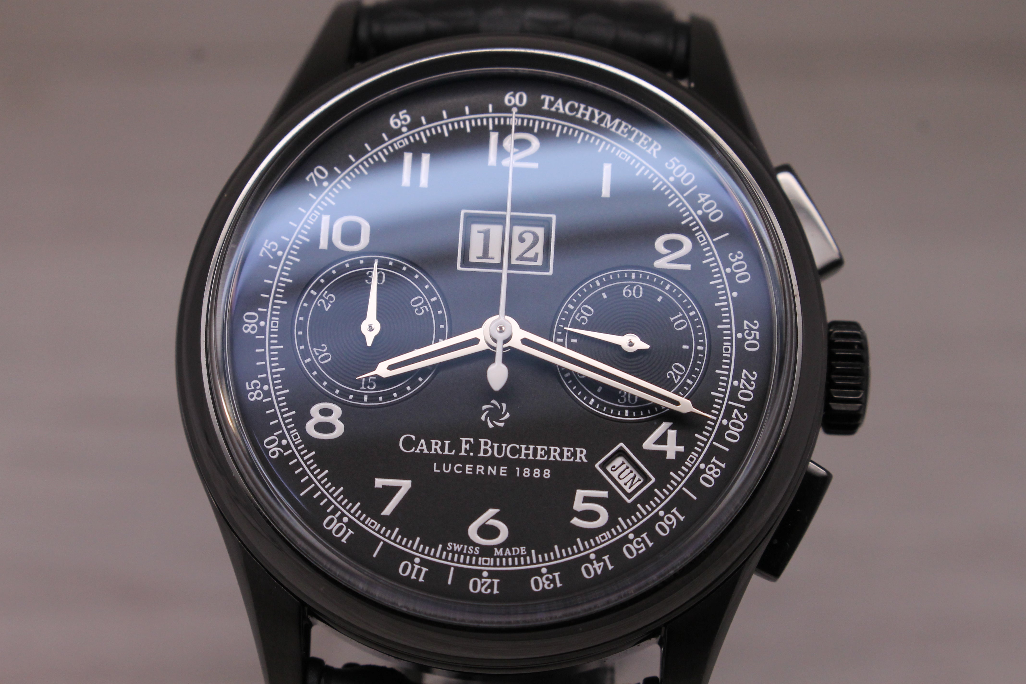 Dim Gray Carl Bucherer Mens BiCompax Chronograph Big Date DLC Coated 41mm Watch w Box