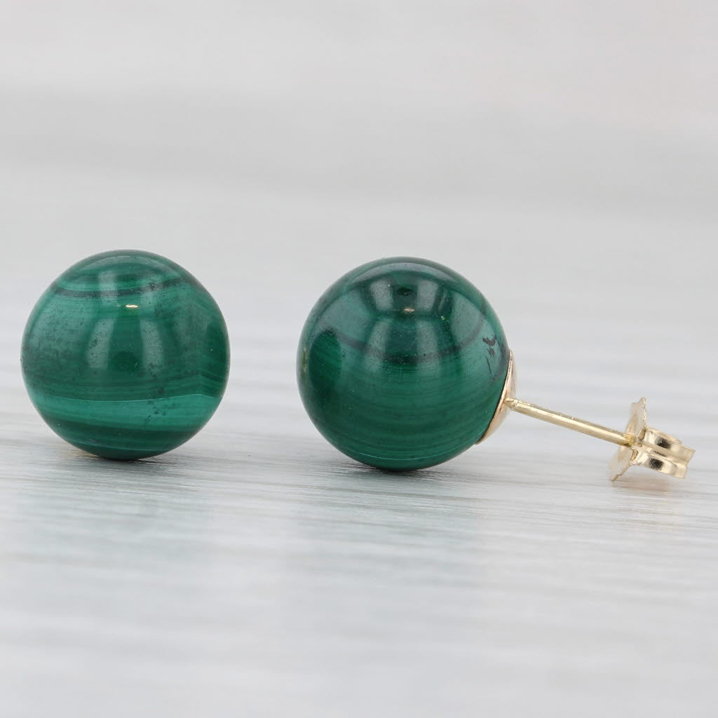 Light Gray Vintage Green Malachite Stud Earrings 14k Yellow Gold Round Bead Studs