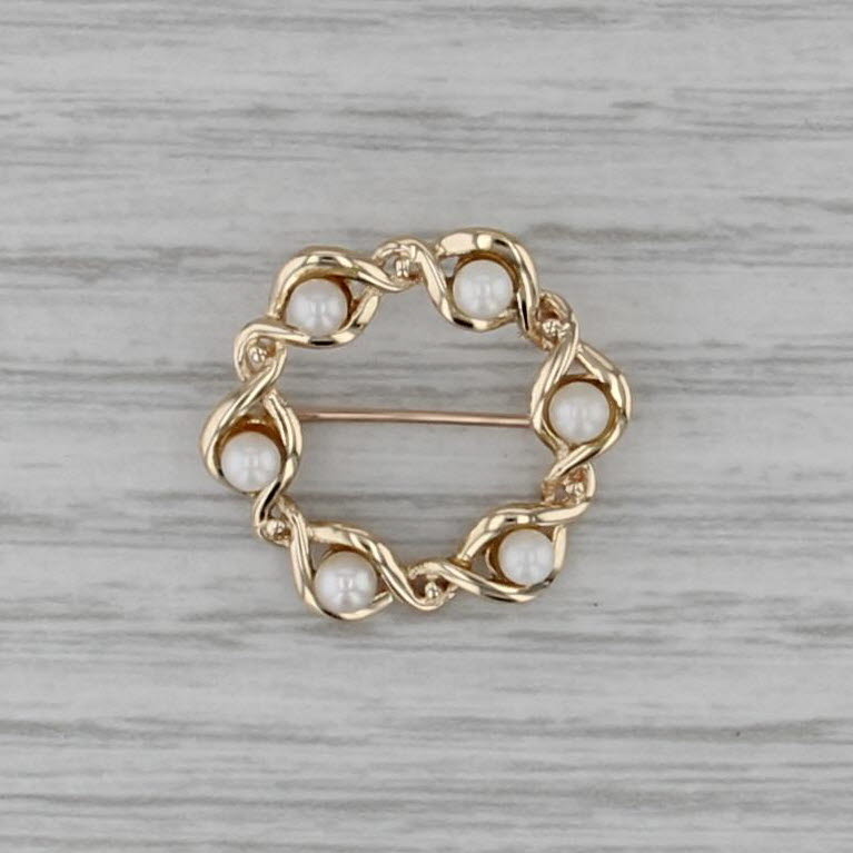Cultured Pearl Wreath Pin 14k Yellow Gold Small Brooch
