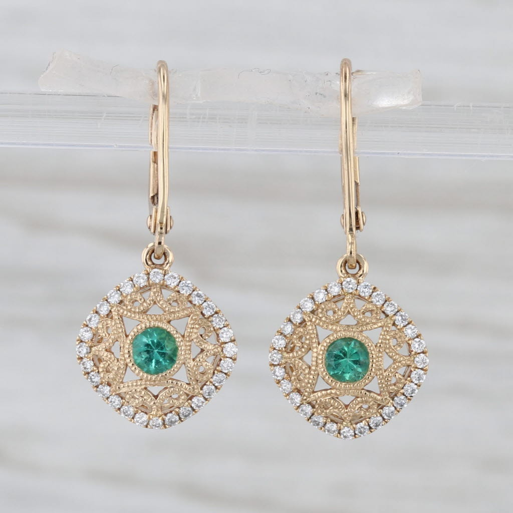 0.37ctw Emerald Diamond Halo Dangle Earrings 14k Yellow Gold Lever Backs