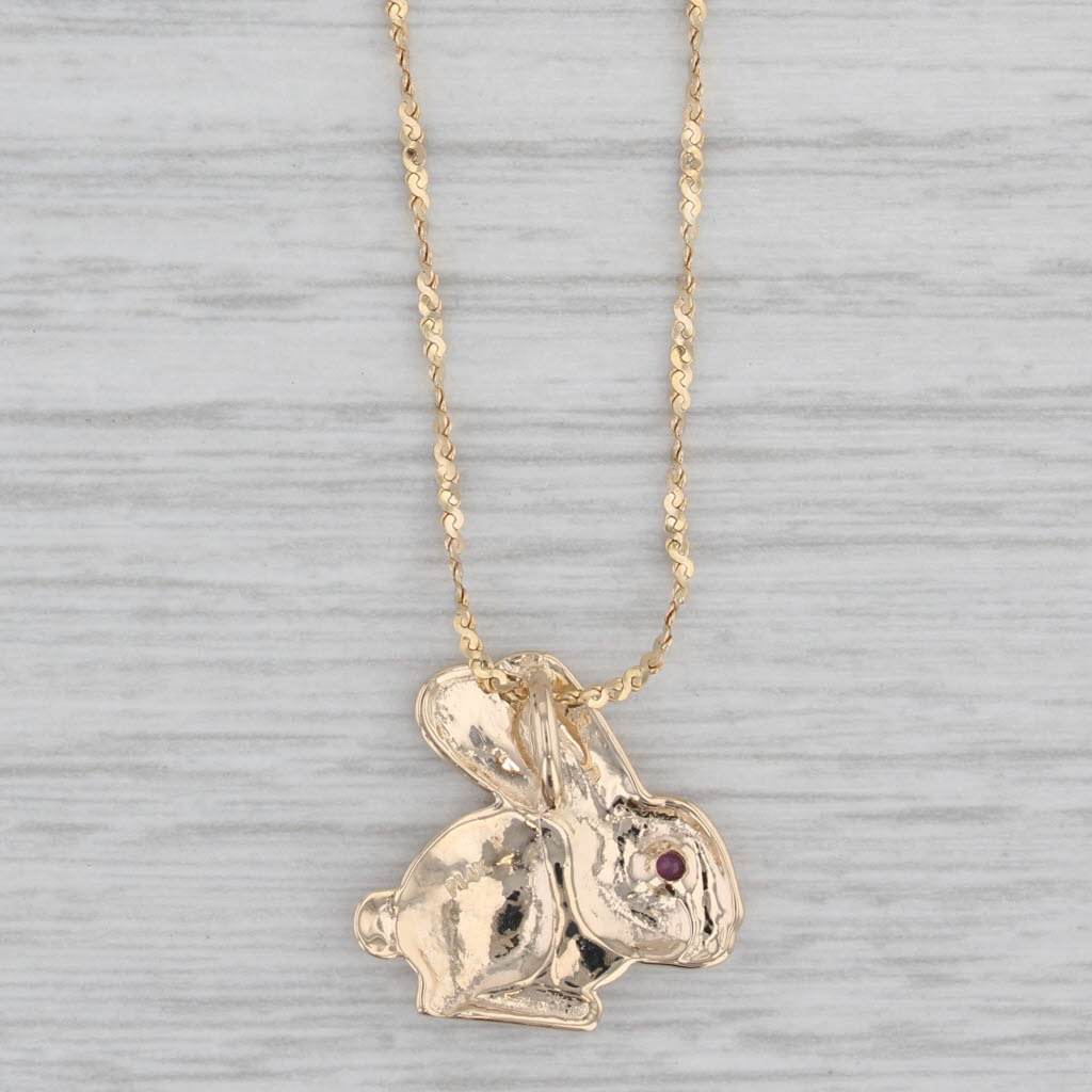 Gray Ruby Eye Bunny Rabbit Pendant Necklace 14k Yellow Gold 20" Serpentine Chain