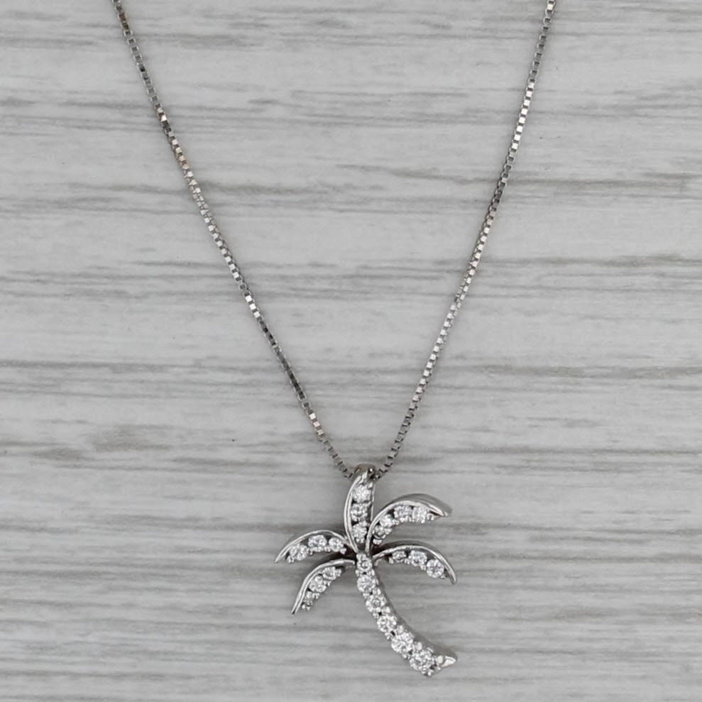 0.19ctw Diamond Palm Tree Pendant 14k White Gold 17.25" Box Chain