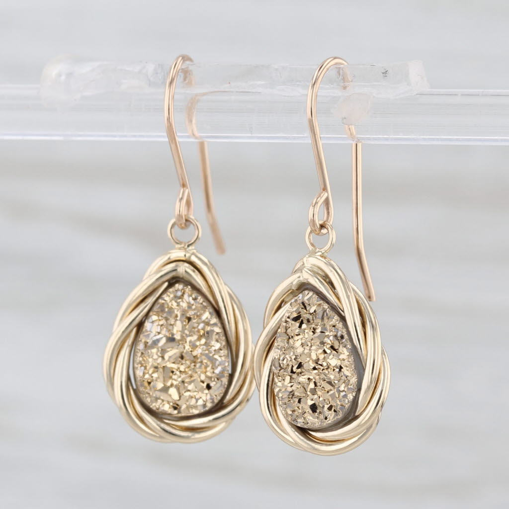Druzy Quartz Chalcedony Doublet Dangle Earrings 14k Yellow Gold Hook Post Drops