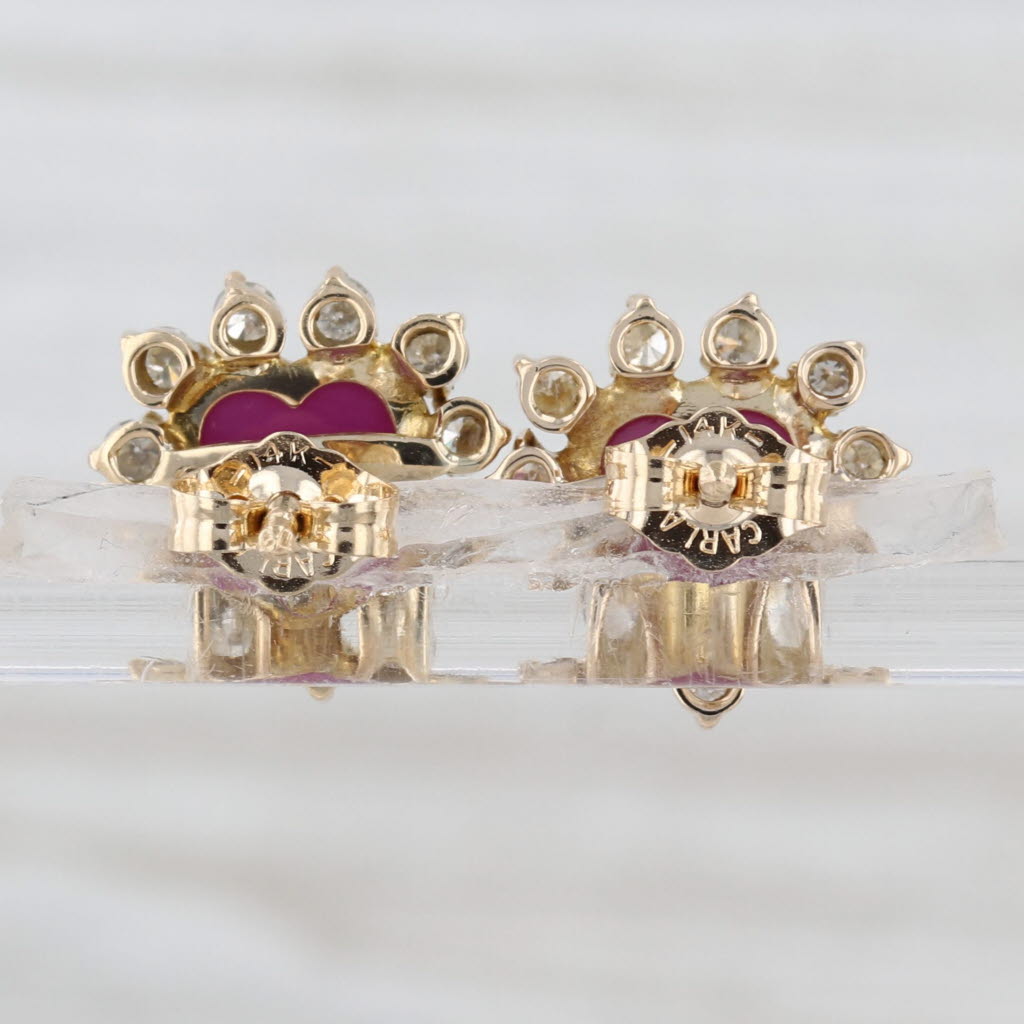 Lab Created Star Ruby Heart Cabochon Diamond Halo Stud Earrings 13k Yellow Gold