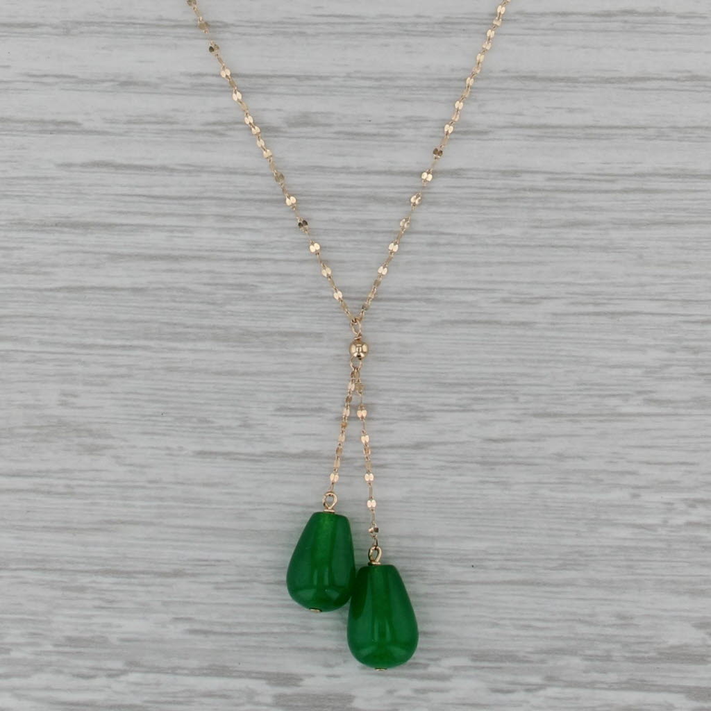 Green Quartz Teardrop Lariat Pendant Necklace 14k Gold 14" 16" Mirror Chain