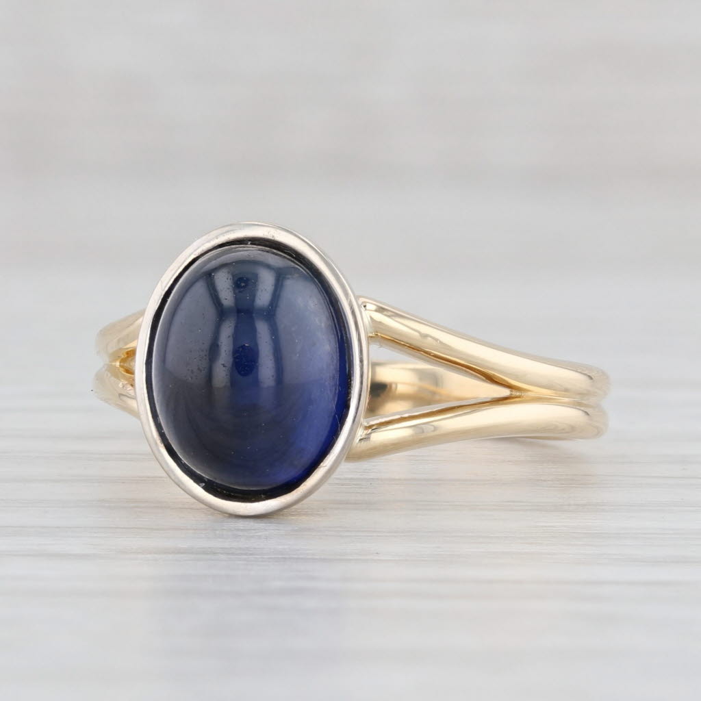 Light Gray Lab Created Sapphire Ring 14k Yellow Gold Oval Cabochon Solitaire Size 7.5