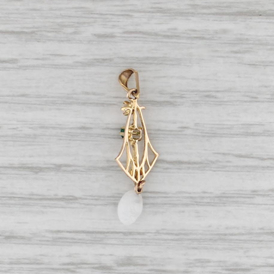Vintage Lavalier Imitation Pearl Glass Pendant 10k Yellow Gold
