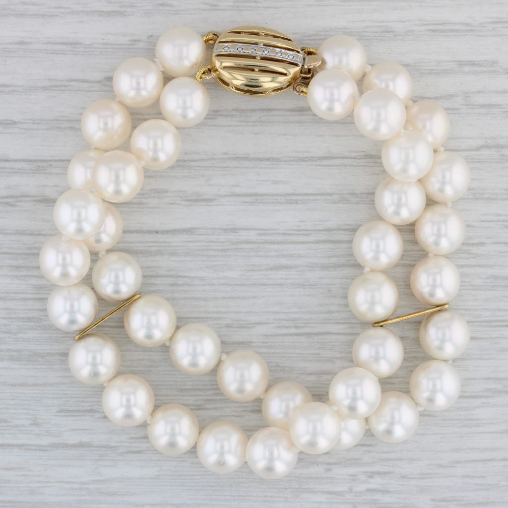 Gray Double Cultured Pearl Bead Strand Bracelet 14k Gold Clasp 7.25"