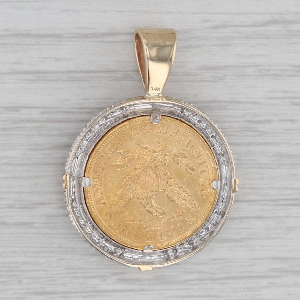 Gray 0.66ctw Diamond Bezel 5 Dollar 1902 Liberty Coin Pendant 14k Yellow White Gold