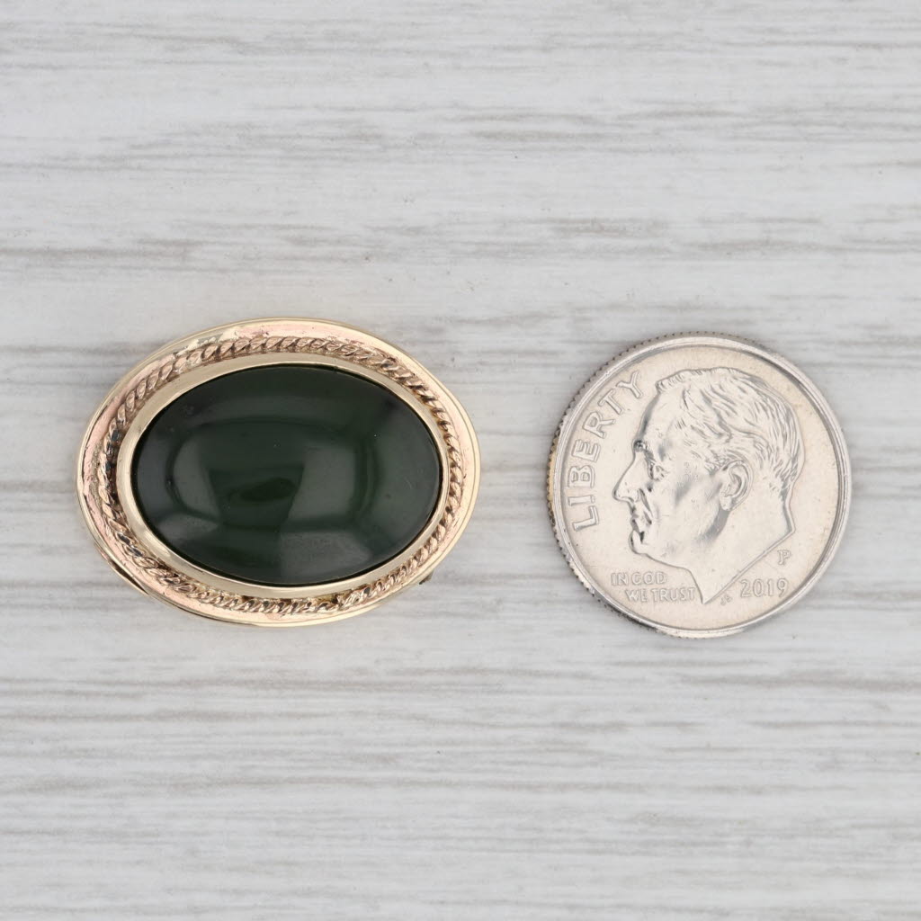 Light Gray Vintage Green Nephrite Jade Slide Charm 10k Yellow Gold Oval Cabochon Solitaire