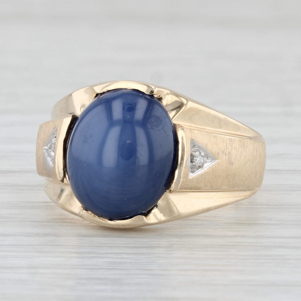 Light Gray Lab Created Blue Star Sapphire Ring 10k Yellow Gold Size 8 Oval Cabochon