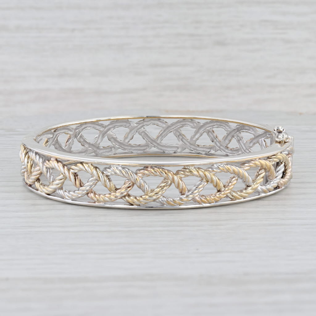 Light Gray Woven Rope Bangle Bracelet Sterling Silver Gold Plated 7.25" 11.8mm