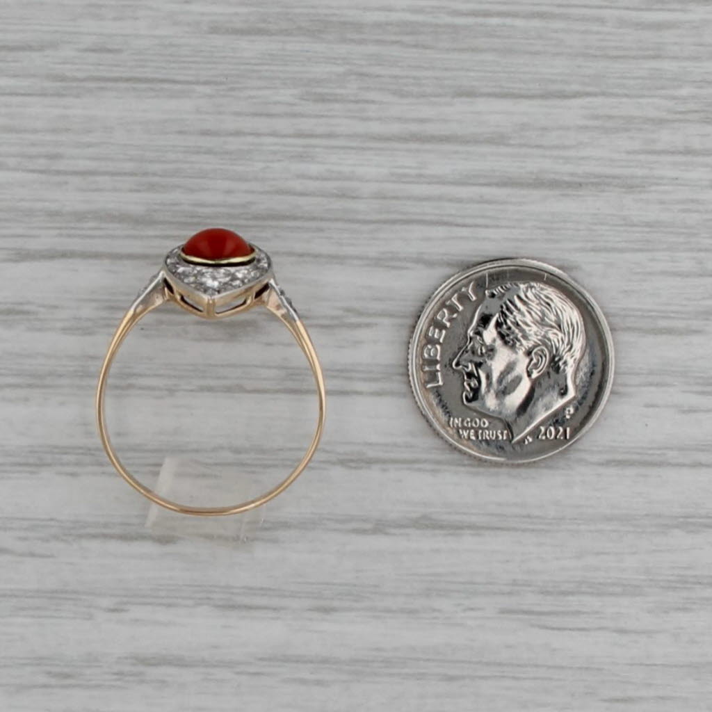 Antique Red Coral Diamond Ring 18k Yellow Gold Platinum Size 8.75