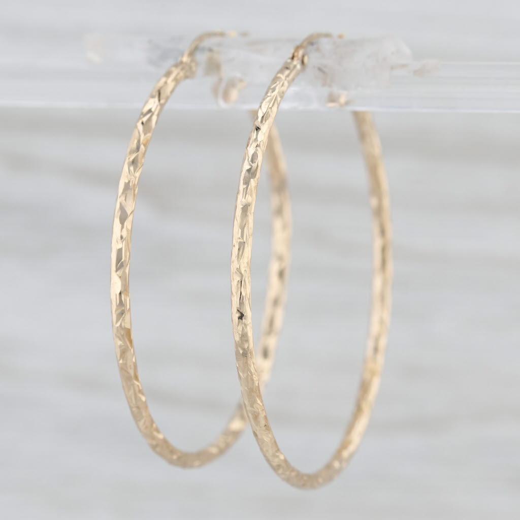 Etched Hoop Earrings 10k Gold Snap Top Posts Lightweight Round Hoops 35 x 1.5 mm