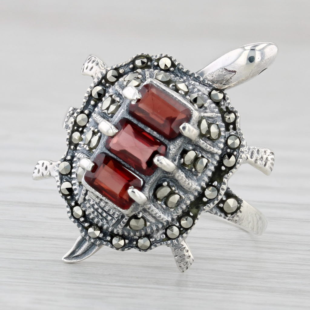 Light Gray 1.20ctw Garnet Marcasite Turtle Ring Sterling Silver Size 9 Head Moves Statement