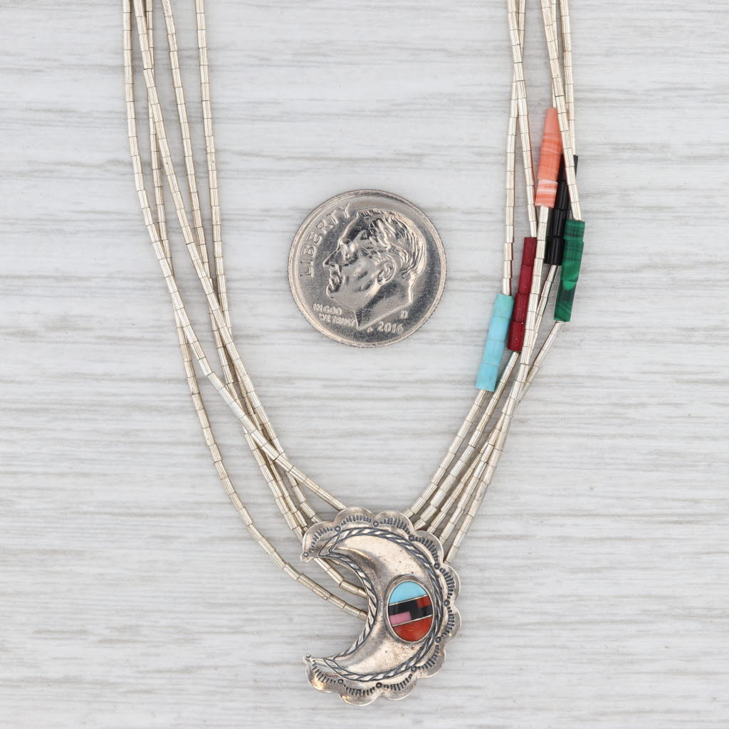 Light Gray Liquid Silver Bead Crescent Moon Necklace Sterling Silver Resin 22" Southwestern