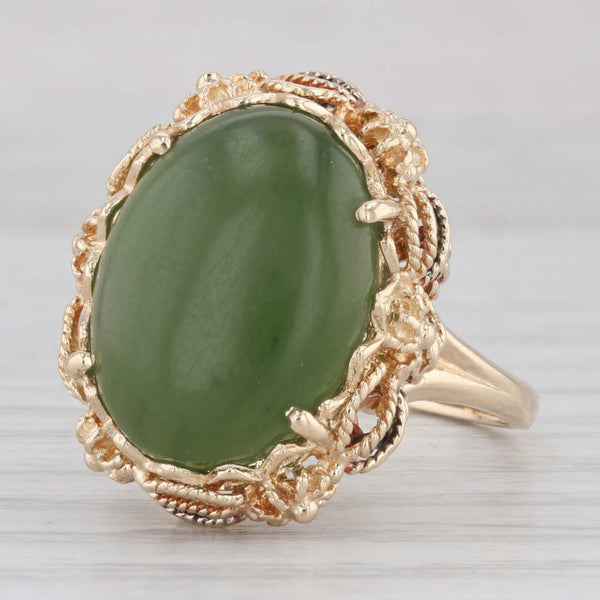 Light Gray Green Nephrite Jade Ring 14k Yellow Gold Oval Cabochon Size 7.5 Ornate Filigree