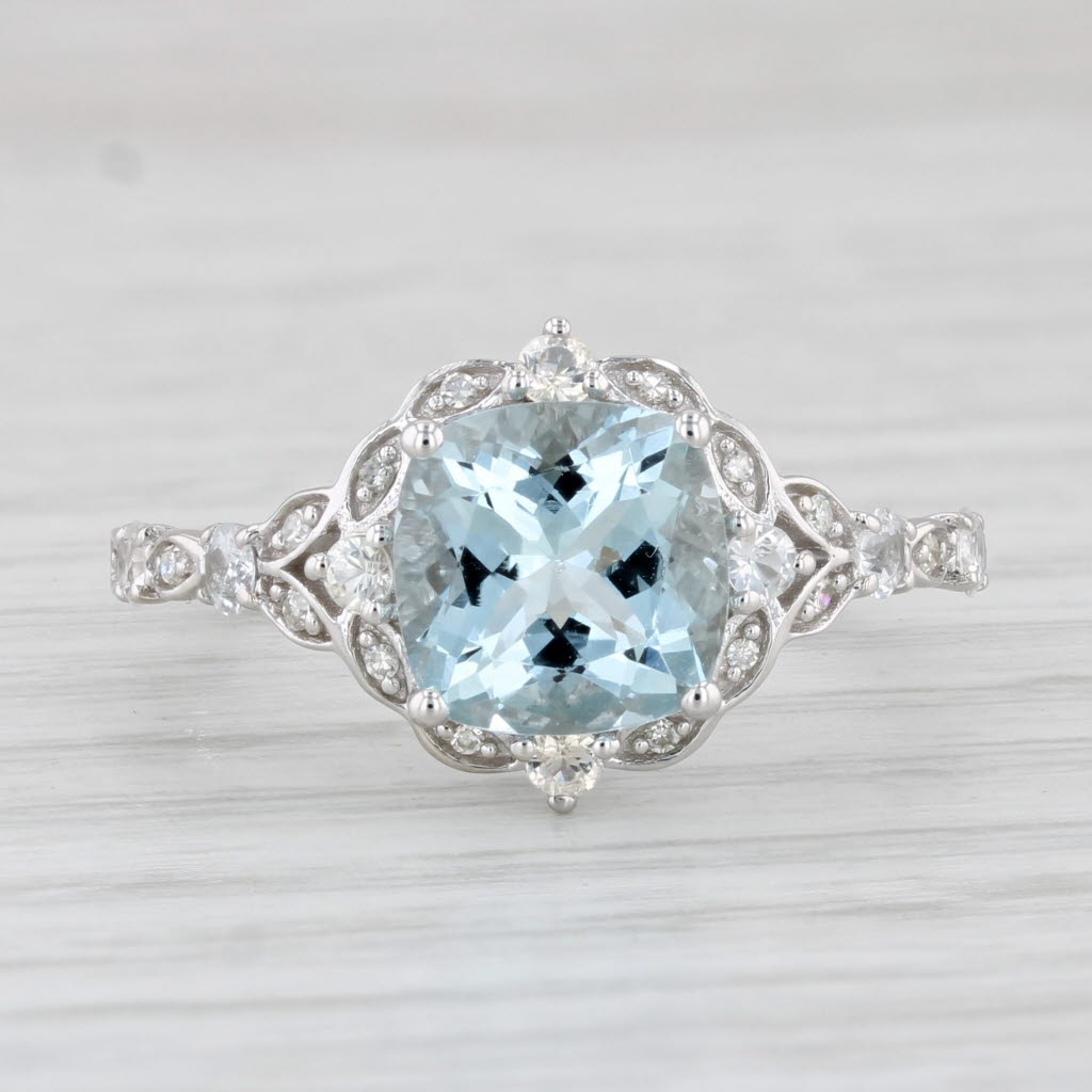 Light Gray 2.58ctw Aquamarine Sapphire Diamond Halo Ring 14k White Gold Size 8