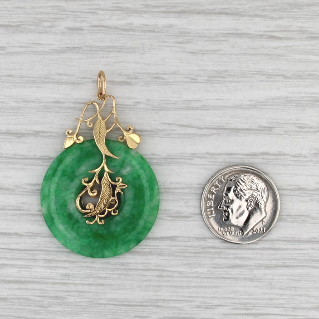 Green Jadeite Jade Hololith Ornate Leaf Pendant 19k Yellow Gold