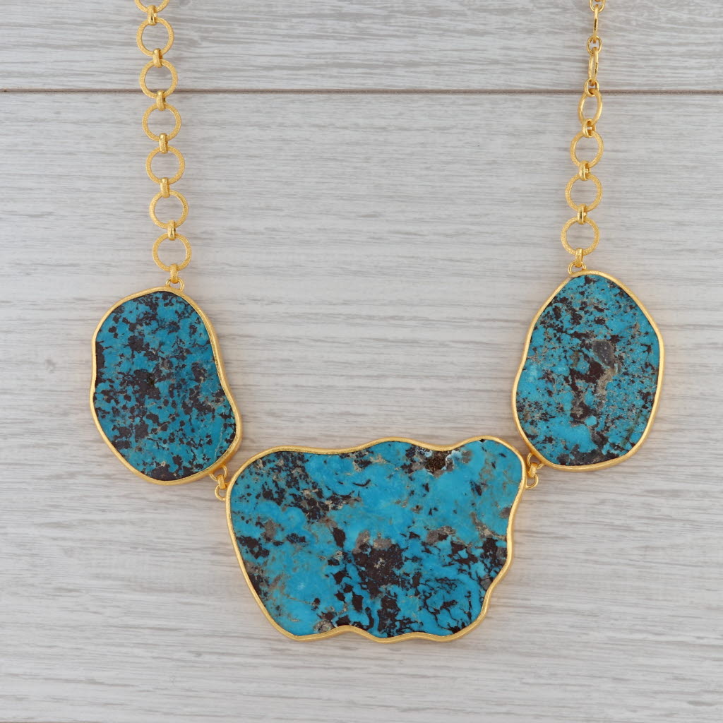New Nina Wynn Turquoise Statement Necklace Sterling Gold Vermeil 19.5"