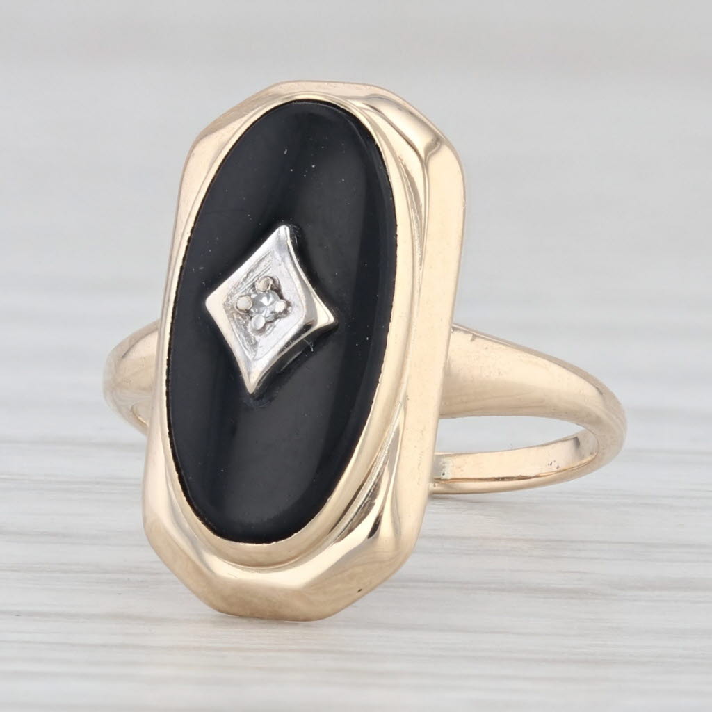 Light Gray Onyx Diamond Signet Ring 10k Yellow Gold Size 3.5 Vintage