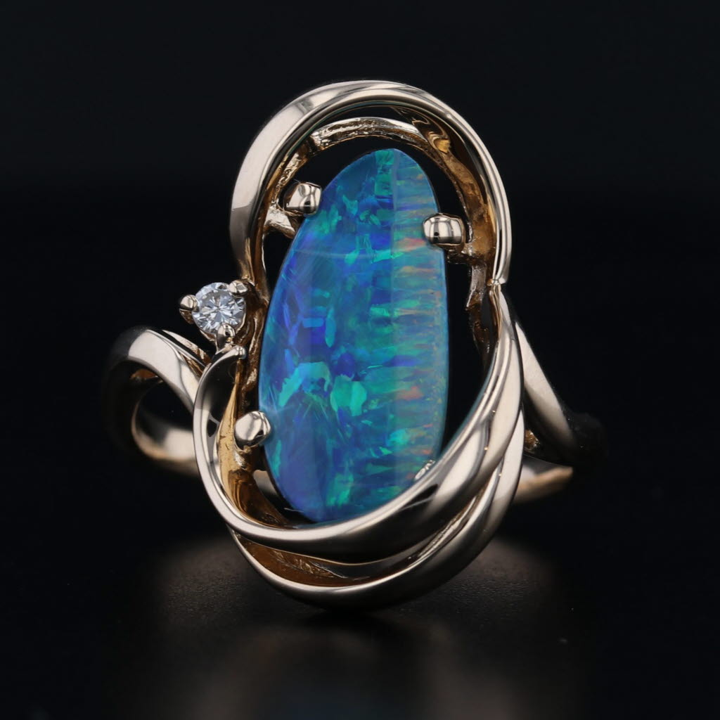 Baroque Oval Blue Green Opal Doublet Ring 14k Yellow Gold Diamond Accents Sz 7