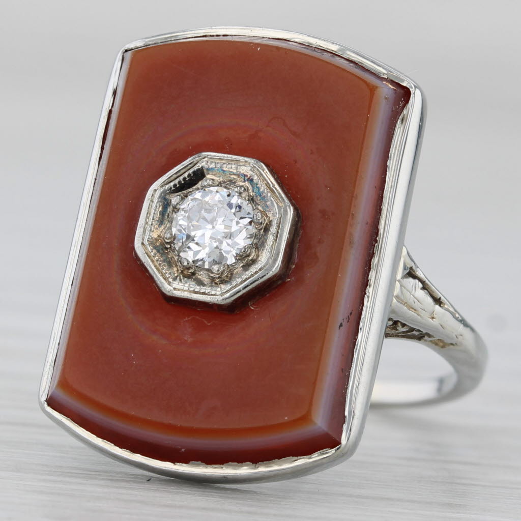 Saddle Brown Vintage Sardonyx Diamond Signet Ring 14k White Gold Size 6