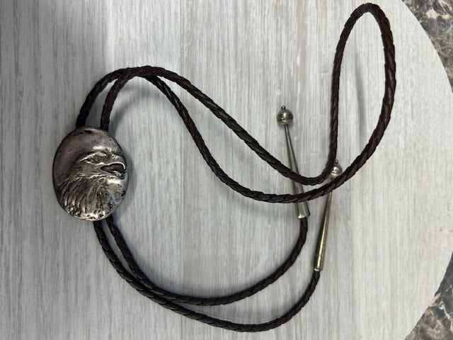 Gray Vintage Southwestern Eagle Bolo Tie Sterling Silver Leather Adjustable 33"