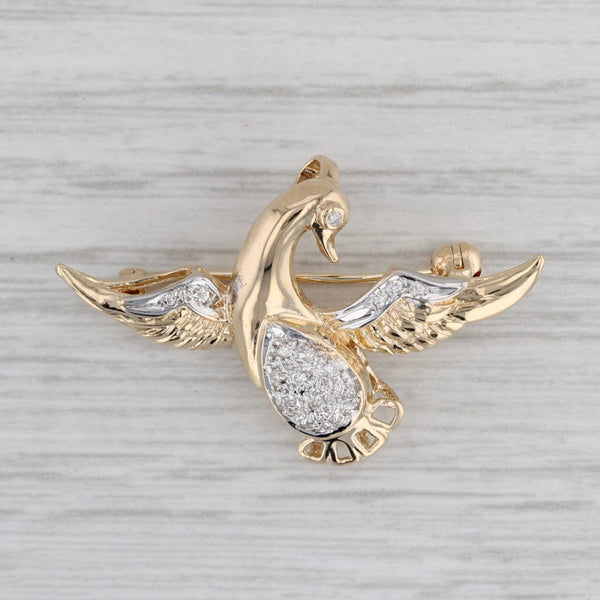 Gray Diamond Bird Pin Pendant 14k Yellow Gold Brooch Jewelry