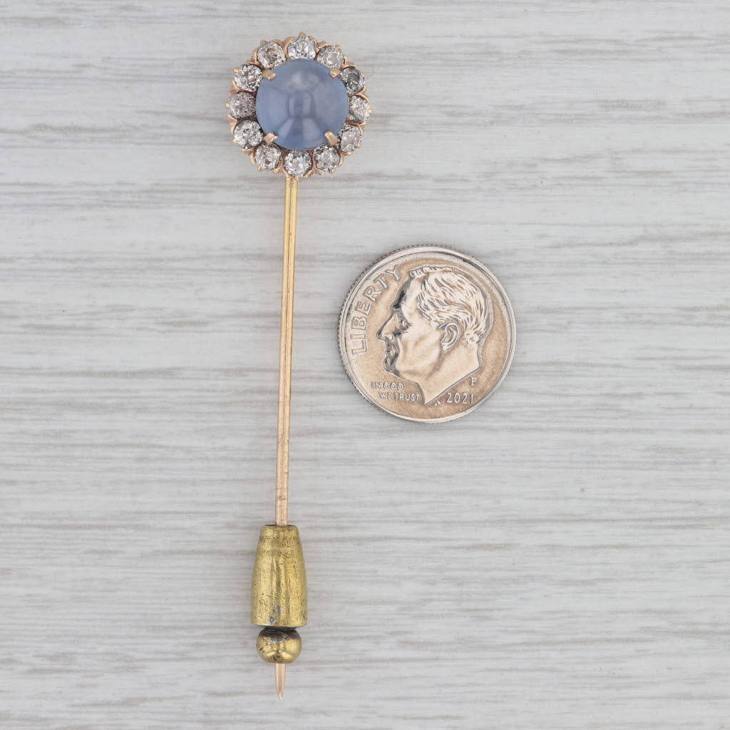 Gray Antique Star Sapphire Cabochon 0.74ctw Diamond Halo Stickpin 10-12k Gold Pin