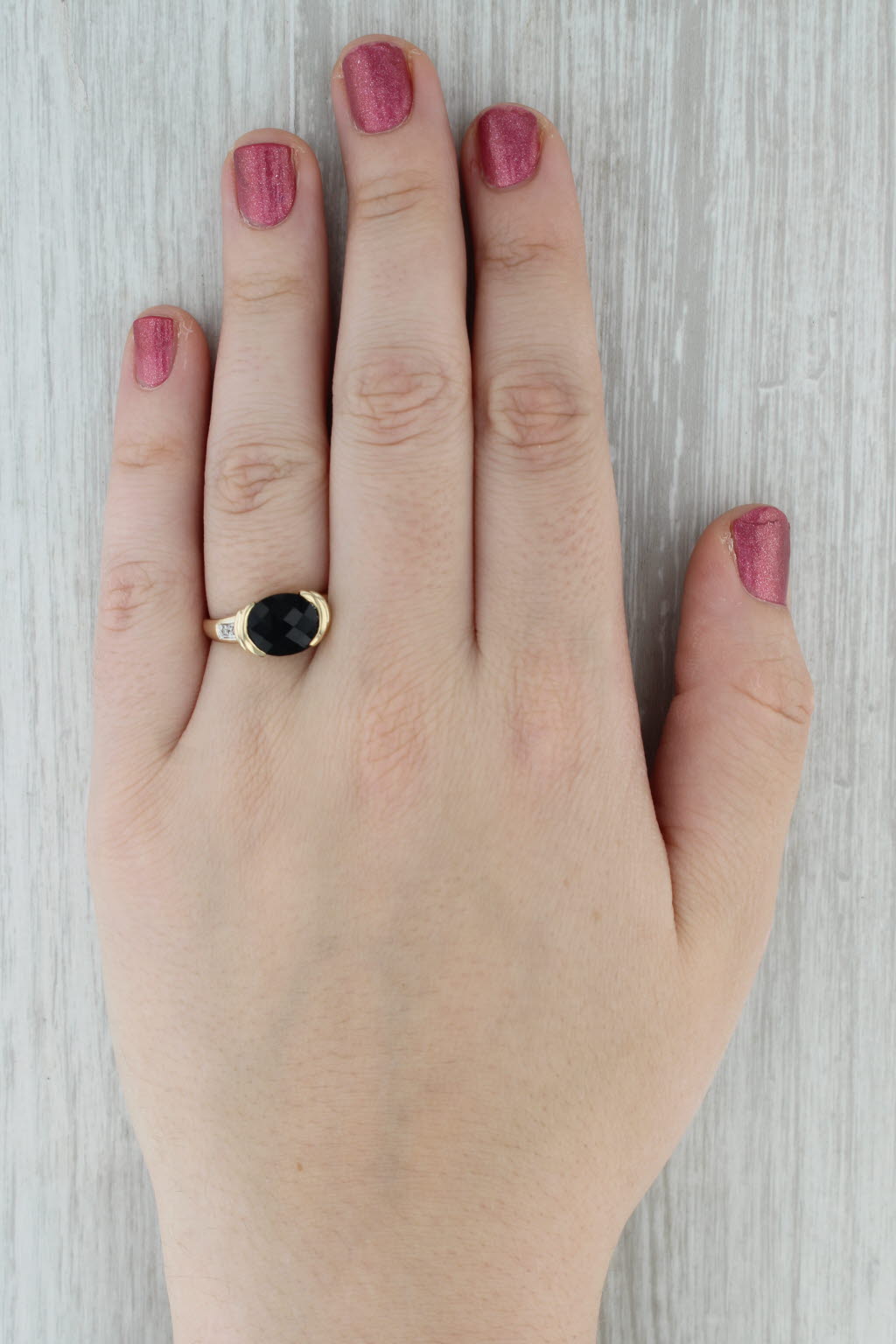 Dark Gray Oval Onyx Diamond Ring 10k Yellow Gold Size 8